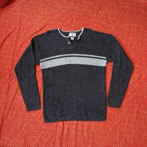 High Sierra vtg 90s Mens Gray Striped Henley Neck Knit Sweater Large Vintage